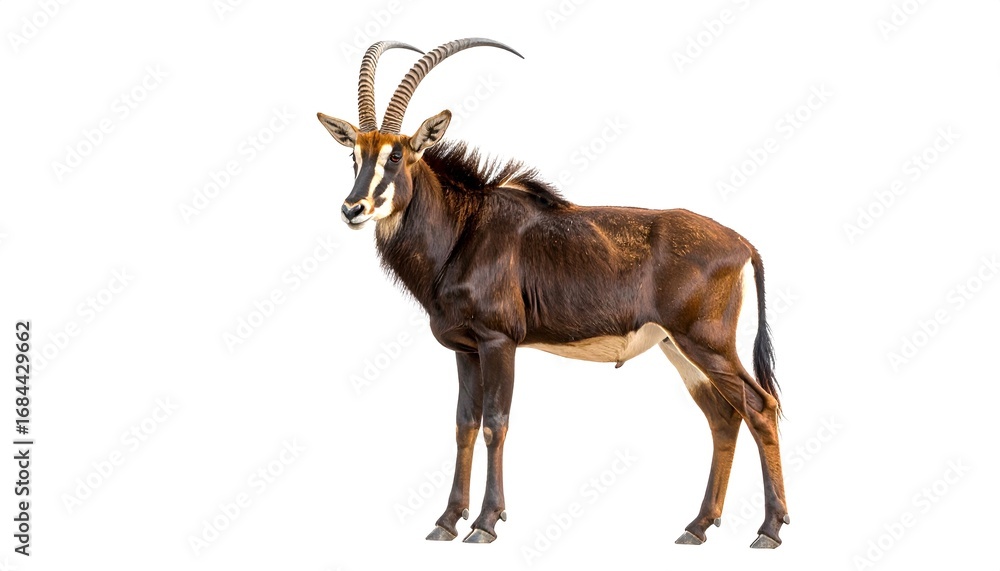 Obraz premium Sable antelope standing alert with curved horns on a plain white backdrop