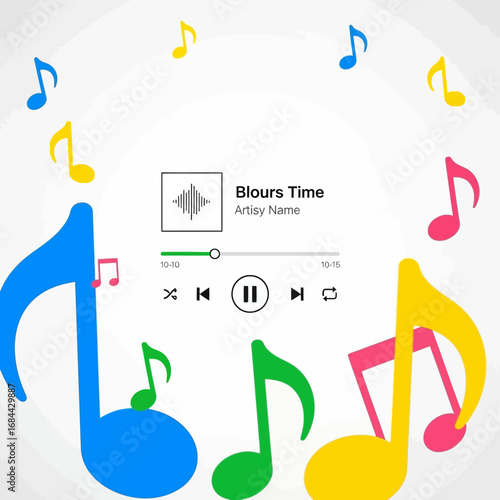 Harmonic visualization colorful musical notes around audio player interface radiating joyful energy