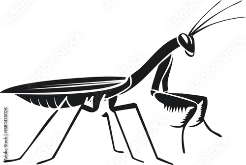 Praying Mantis Insect Bug Animal Vector Logo in Black and White, Minimalist and Simple Design, Perfect for Wildlife Branding, Nature Illustration, and Unique Animal Identity
