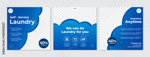 Set of Three Modern Social Media Post Templates for Laundry Service