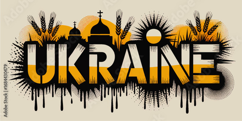 Vibrant Ukraine Typography Art with Domes, Wheat, Sun, and Graffiti Elements in Ukrainian Flag Colors – Modern Vector Illustration