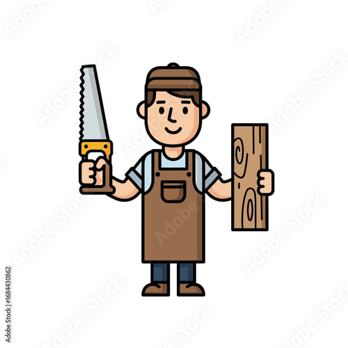 Cartoon Carpenter Illustration Demonstrating Woodworking Skills with Hand Saw and Wood Plank