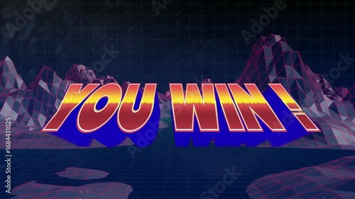 Animation of you win over metaverse landscape on black background