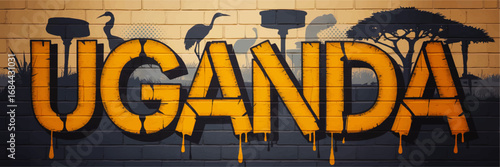 Uganda Street Art Mural with African Wildlife and Savanna Silhouette on Brick Wall, Urban Graffiti Design Illustration