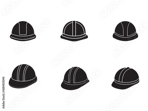Six Black and White Construction Helmets Vector Illustration Symbolizing Safety and Protection in Various Industries and Professions