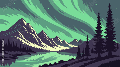 Vector illustration of mountain landscape with aurora borealis and lake reflection scenic view nature art 100