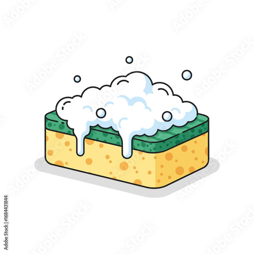 Stylized sponge illustration with frothy bubbles for cleaning and hygiene purposes