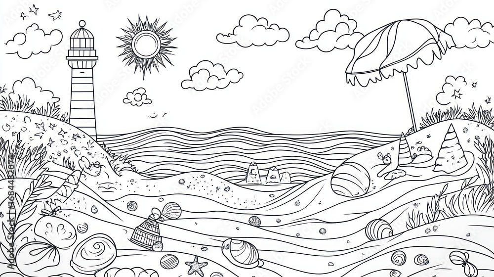 Naklejka premium Seaside coloring page, lighthouse, beach, sun, umbrella. Coloring book, relaxing, kids, nature, summer