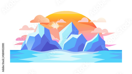 Iceberg landscape vector illustration with arctic ocean and sunset sky background for design and art