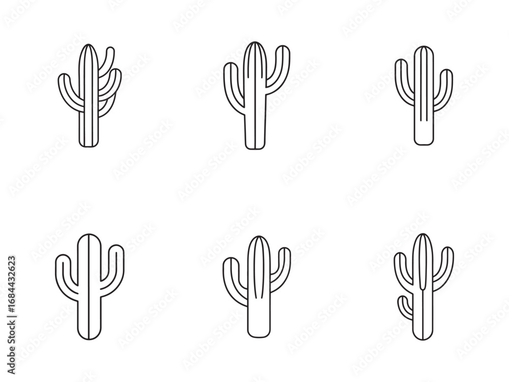 Obraz premium Six Minimalist Cactus Icons in Black Outline Isolated on White Background for Desert Flora Designs and Southwestern Themes