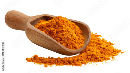 A wooden spoon is filled with a yellow powder