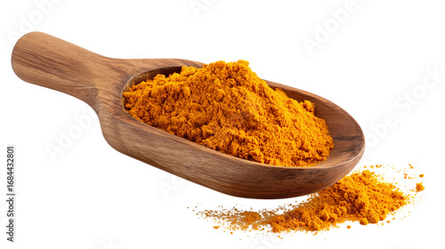 A wooden spoon is filled with a yellow powder