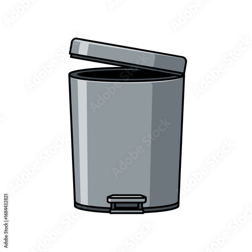 Stylized illustration of a gray trash can with an open lid and foot pedal detail