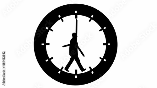 Silhouette of a person walking inside a clock face with hands indicating time in black and white style