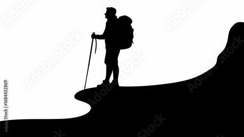 Silhouette of a hiker with a backpack and trekking poles standing on a mountain ridge overlooking the landscape