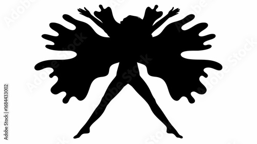 Silhouette of a woman with raised arms and legs apart with black ink splash wings in a white background