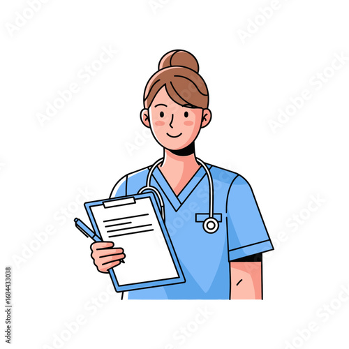 Dedicated medical professional holding clipboard ready to assist with patient care needs in health