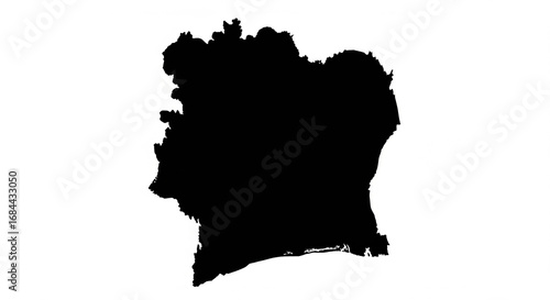 Black silhouette map of Ivory Coast (Côte d'Ivoire) country on isolated transparent background.