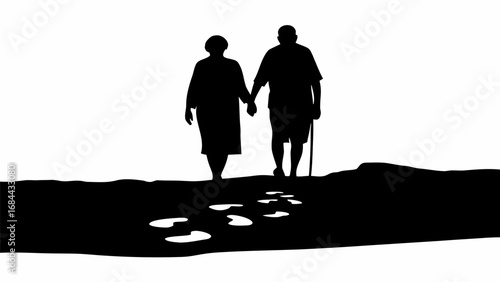 Silhouette of an elderly couple walking hand in hand with footprints on a path and a white background scene