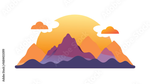 Mountain landscape illustration with sun and clouds vector scenic background nature design graphic 100