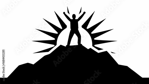 Silhouette of a person standing atop a mountain with arms raised against a sunburst background design