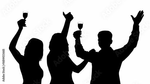 Silhouette of three people celebrating with raised arms and glasses on a white background image scene