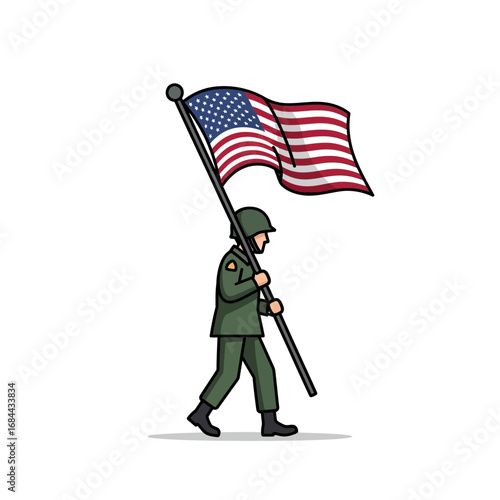 Patriotic tribute illustration depicting a soldier proudly carrying the american flag forward