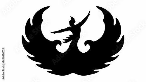 Silhouette of a person with outstretched arms emerging from a stylized phoenix bird design element