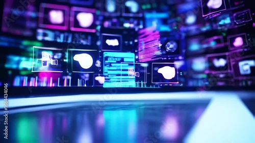 Wallpaper Mural Neon-lit digital interface displays data streams and 3D models Torontodigital.ca