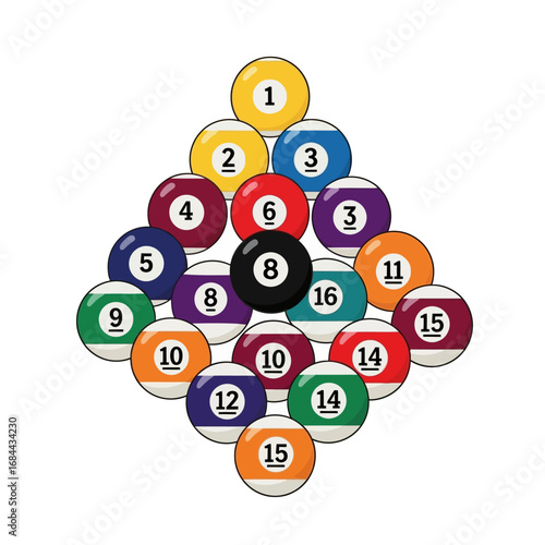 Illustrative composition depicting a complete and ready billiard set arranged for game initiation