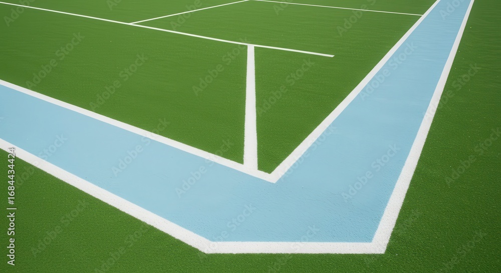 Obraz premium A close-up view of a light-blue painted court section, contrasting sharply with the surrounding vibrant green surface, featuring well-defined white lines delineating the court's boundaries.