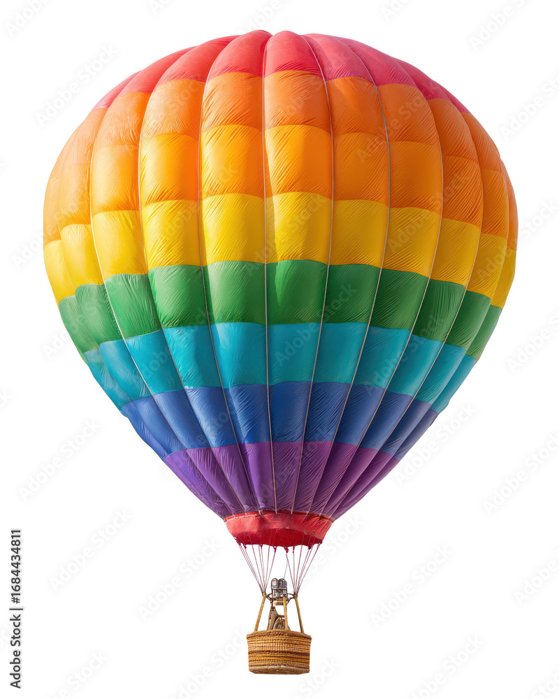 Fototapeta premium Rainbow hot air balloon floats against a transparent backdrop, showing red, orange, yellow, green, blue, indigo and violet stripes