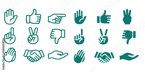Gestures set icon. Raised fingers, open hands, thumbs, waves, index points, palm displays, and communication hand signs in minimal outline showing pack of different hands gestures and signs set. EPS10