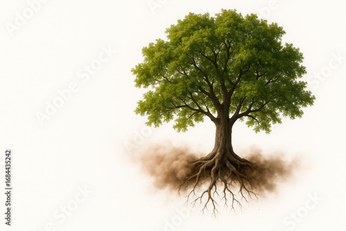 A tree with roots, hovering above the ground. Space for text.