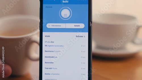 Smartphone displaying a list, blurred cups in background