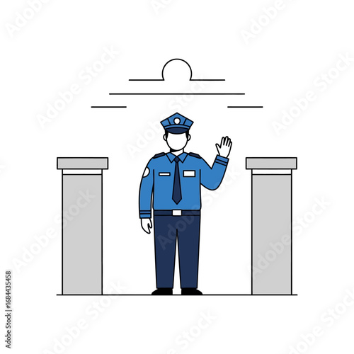 Minimalist depiction of a friendly security guard offering assistance with a welcoming gesture