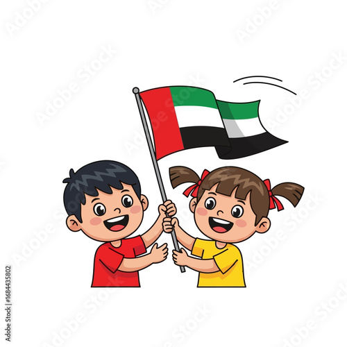 Children celebrate United Arab Emirates National Day with patriotic flag and joyfulness