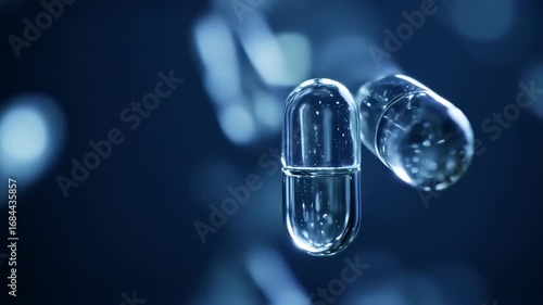 Translucent capsules float in a dark blue liquid