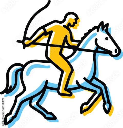 Minimalist line art of horseman riding galloping horse and shooting bow – dynamic archery scene in clean vector illustration style