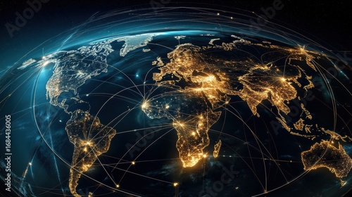 Global Map Showing Trade Routes and Illuminated Pathways Across the digital illustration world night