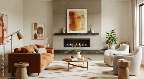 Cozy modern living room design with fireplace, orange sofa, and stylish decor for homes