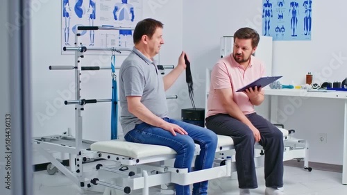 Two men in a medical office, one showing the other a piece of equipment