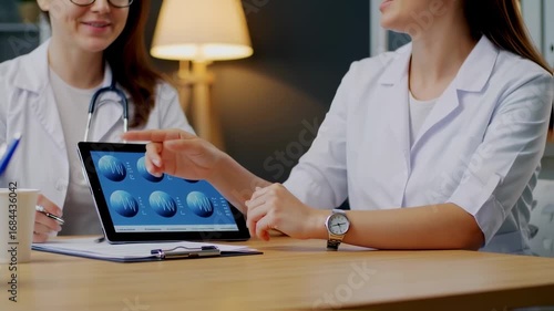 Two doctors review data on a tablet