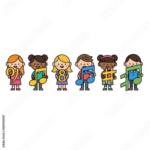 Musical harmony kids: A cheerful ensemble of children displaying vibrant music notes collection