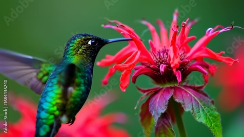 Vibrant hummingbird feeding on a red flower