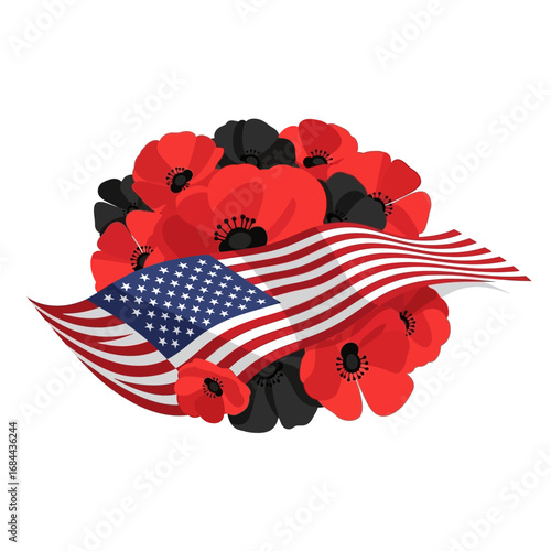 Patriotic remembrance: American flag amidst a poignant bouquet of poppies symbolizing sacrifice