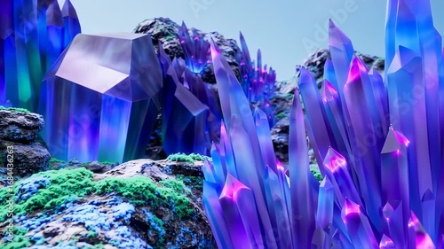 Vibrant blue and purple crystals emerge from a mossy, rocky terrain