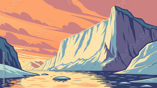 Arctic landscape illustration with icebergs and sunset sky vector art background image for design project