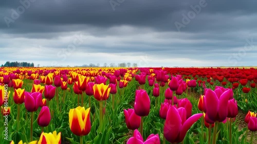Vibrant tulip field under a dramatic sky