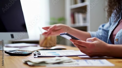 Woman reviewing financial documents and using a smartphone at her desk